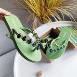 Women Comfortable Beach Shoes Non-slip Soft Bottom Casual Flip Flops Rhinestone Chain Decoration Summer Flat Slippers