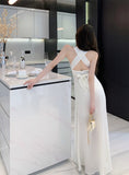 Pphmm French Elegant Hollow Out White Long Dress Women Summer High Waist Sexy Split Evening Party Dresses Korean Fashion Clothes
