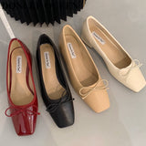 French Square Toe Bow Flats Shoes  Autumn Shallow Fairy All-match Gentle Office Dress Low Heels Pumps  Female  Ballerina