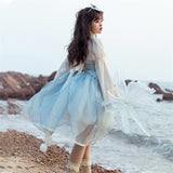 Sweet Girls Blue Bell Orchid Puff Sleeve High Waist Lolita Dress Kawaii Woman Bowknot Lace Spring Cute Vestidos