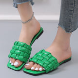 Weave Soft Slippers for Women Summer Orange PU Leather Beach Flip Flops Female Square Toe Flat Sandals Plus Size 43