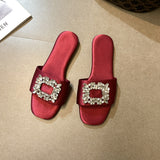 Summer New Square Rhinestones Satin Flat Slippers for Women Shoes Fashion Slides Comfort Light Sandals Female Silk Sandalia