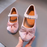 Spring New Girls Leather Shoes Princess Cute Bow Pearl Baby Girl Shoes Soft Bottom Kids Sneakers Toddler Shoes