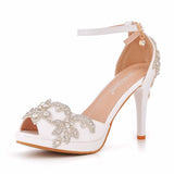 Crystal Queen Women Wedding Shoes Bride Sandals White Rhinestones Silver Platform Dress Thin High Heels Ladies Pumps