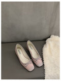 French Square Toe Bow Flats Shoes  Autumn Shallow Fairy All-match Gentle Office Dress Low Heels Pumps  Female  Ballerina