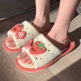 Cute Strawberry Plush Slippers Autumn House Slides Female Flip Flops Women Slippers Winter Home Warm Furry Linen Slippers Women