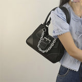 Vintage Sweet Cool Girls Canvas Underarm Bag Patent Leather Women's Metal Chain Shoulder Crossbody Bags Y2k Tote Purse Handbags