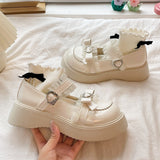 ZOKI Sweet Lace Bowknot Lolita Shoes Women Heart Buckle Platform Mary Janes Woman Cute Thick Bottom Non-slip JK Shoes