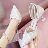 Elegant Ladies Ankle Strap Pumps High Heels Crystal Wedding Shoes Bride for Women Spring Pointed Toe Luxury Pumps Woman