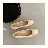 French Square Toe Bow Flats Shoes  Autumn Shallow Fairy All-match Gentle Office Dress Low Heels Pumps  Female  Ballerina