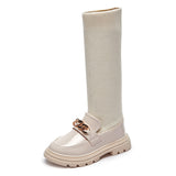 Winter Korean Over-the-knee Boot for Girls with Metal Chain Sock Boots Kids Fashion Solid Glossy Chic Girls Casual Shoe