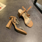 Clear Heels Party Sandals Woman  Cross Buckle Strap Female Shoe Med Cross-Shoes High Girls  Medium Fashion Summer Block Bow