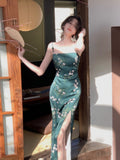 Women Slash Neck Sexy Strapless Retro Green Printing Elegant Temperament Fitting Suspender Slit Bodycon Long Midi Dress Summer