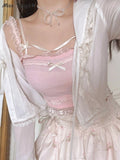 Pphmm Pink Japanese Kawaii Lolita Crop Top Women White Korean College Style Sweet Tank Top Bow Lace France Princess Vset Female 2022