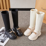 Winter Korean Over-the-knee Boot for Girls with Metal Chain Sock Boots Kids Fashion Solid Glossy Chic Girls Casual Shoe