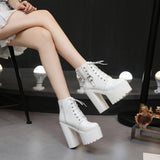 Women Black White Ankle Boots 14cm Super High Heels Square Heels Boots Zip Rivet Insole Sexy Women Boots verclo