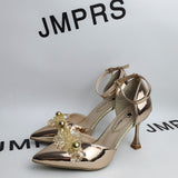 Jmprs Gold Silver Crystal Pumps Women  Autumn Pointed Toe High Heels Shoes Woman Ankle Strap Stiletto Heeled Party Shoes