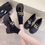 Women Spring New Black Platform Flats Shoes Women Loafers Slip on Boat Shoes Metal Chain Designer Casual Leather Oxfords