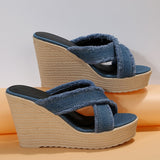 Cross Strap High Wedge Slippers Women Summer Blue Denim Chunky Platform Sandals Woman Non Slip Thick Sole Slides Flip Flops