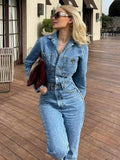 Pphmm Women Chic Fashion Straight Denim jumpsuit Vintage Long Sleeve Female long Jumpsuits Mujer