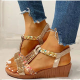 Women Wedge Sandals Summer  Bohemia Casual High Heels Sandals Fashion Female Peep Toe Rhinestones Outdoor Beach Shoes