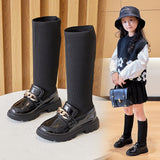 Winter Korean Over-the-knee Boot for Girls with Metal Chain Sock Boots Kids Fashion Solid Glossy Chic Girls Casual Shoe