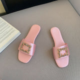 Summer New Square Rhinestones Satin Flat Slippers for Women Shoes Fashion Slides Comfort Light Sandals Female Silk Sandalia