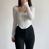 Casual White Long Sleeve T-Shirt Women Slim Skinny Low Neck Top Tees Streetwear Cropped Pullover Ruched Tops Y2k