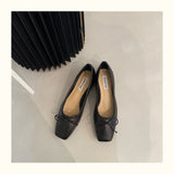 French Square Toe Bow Flats Shoes  Autumn Shallow Fairy All-match Gentle Office Dress Low Heels Pumps  Female  Ballerina