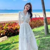 Summer White Maxi Dress Women Long Sleeve Elegant Vintage Y2k Flowy Ball Dresses for Wedding Guest Bridesmaid Birthday Prom