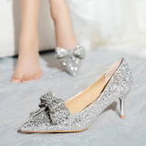 Pointed Toe Crystal Bowtie Pumps Women   Thin Heels Silver Sequins Party Shoes Woman Slip On High Heels Wedding Shoes