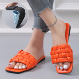 Weave Soft Slippers for Women Summer Orange PU Leather Beach Flip Flops Female Square Toe Flat Sandals Plus Size 43