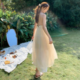 Women Apricot Backless Slip Dress Sundress Summer Elegant Fairy Casual Party Beach Vacation Long Runway Vestidos