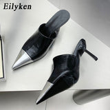 Fashion Silver Women Slippers Thin Low Heels Pointed Toe Design Slip On Summer Mules Slides Shoes