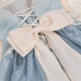 Sweet Girls Blue Bell Orchid Puff Sleeve High Waist Lolita Dress Kawaii Woman Bowknot Lace Spring Cute Vestidos