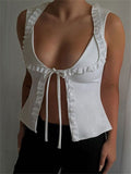 White Sleeveless Lace Ruffles Tank Top Cardigan Mini Cute Top Vest Female Y2k Camis Ruffled Women V-Neck Bustier Top