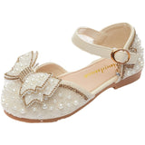 Summer Girls Sandals Cute Bow Pearl Sequins Kids Princess Shoes Flat Heels Dancing Shoes Size 21-36