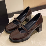 Lucyever Vintage Thick High Heels Mary Jane Shoes Women  Patent Leather Brown Shoes Woman Round Toe Chunky Heels Pumps Mujer
