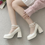 Woman Pumps Mary Jane Casual Shoes For Women High Heels Shoes Leather Elegant Square Toe Heeled Shoes Ladies Lolita Shoes