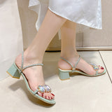 Fashion Rhinestone Sandals for Women Summer Square Heels Open Toe Slippers Woman Transparent PVC Jelly