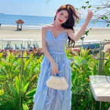 Summer Blue Midi High-waisted Strap Dress Women  Long Elegant Y2k Flowy Formal Dresses for Wedding Guest Bridesmaid Birthday