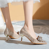 Pointed Toe Crystal Bowtie Pumps Women   Thin Heels Silver Sequins Party Shoes Woman Slip On High Heels Wedding Shoes