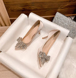 6cm New Fashion Satin Pointed Toe with Rhinestone Bow Sexy High Heels Banquet Party Women Shoes 41 42 43