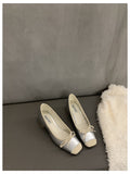 French Square Toe Bow Flats Shoes  Autumn Shallow Fairy All-match Gentle Office Dress Low Heels Pumps  Female  Ballerina