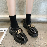 Women Spring New Black Platform Flats Shoes Women Loafers Slip on Boat Shoes Metal Chain Designer Casual Leather Oxfords