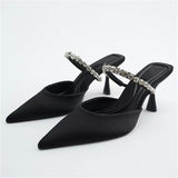 Woman High Heel Sandals Mules   Metal Chain Decorate Black Stiletto Fashion Pumps Summer Women Slingback Sandals