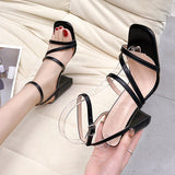 FashionSummer Ladies White High Heel Sandals Simple Sandals Square Toe Open Toe Straps Women Sandals Womens Shoes