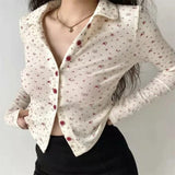 Vintage Cute Red Floral Print Fashion Woman Blouses Spring Turn Down Collar Long Sleeve Melville Tops Y2k Clothes