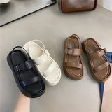 Low Sandals Woman Leather Shoes Lady  Muffins shoe Buckle Clogs With Heel Suit Female Beige Low-heeled Fashion New Summer Fl