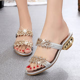 Shiny Crystal Slippers Women Luxury Rhinestone Med Heels Sandals Woman Bohemian Gold Strange Heel Flip Flops Summer Shoes